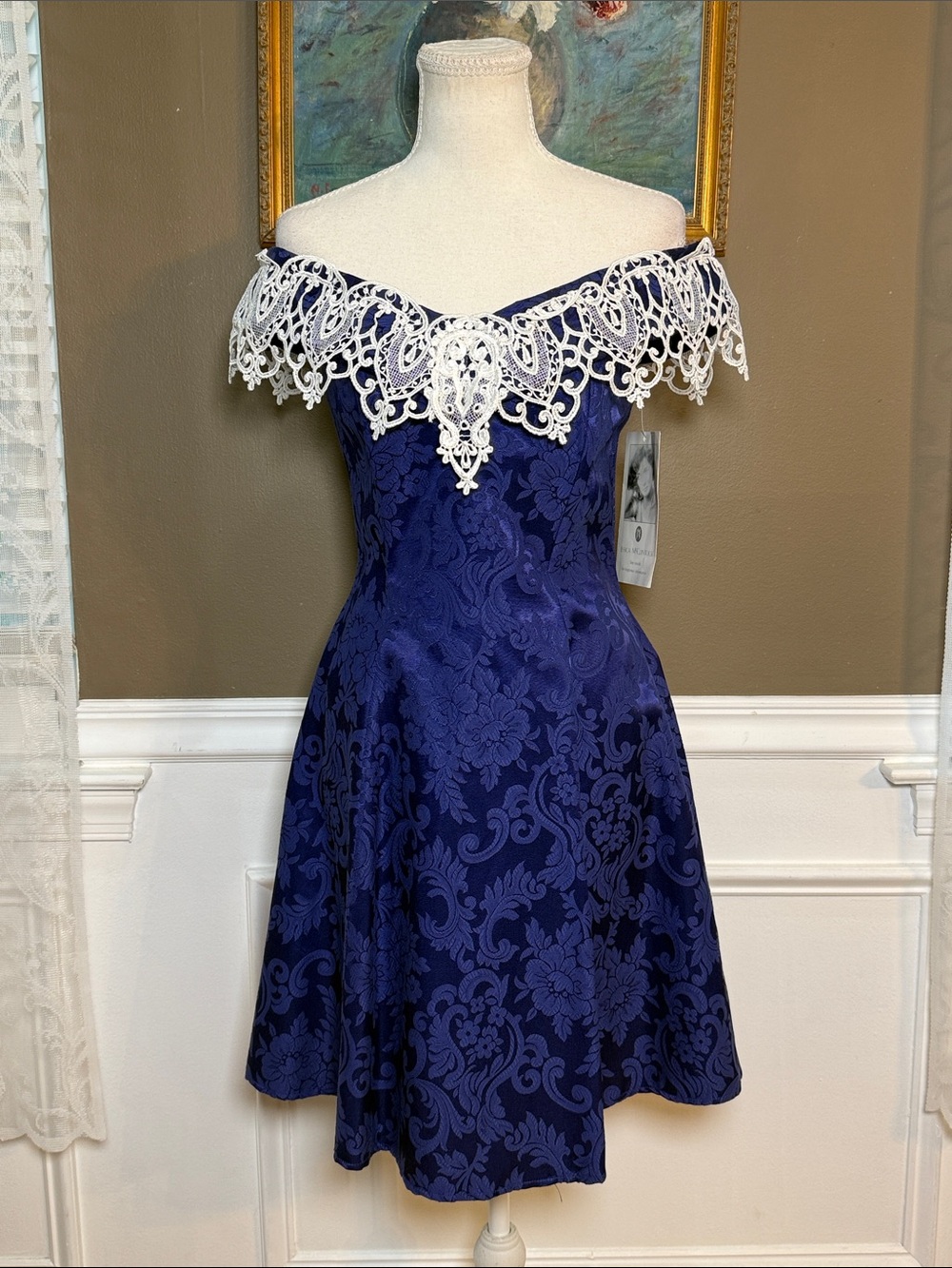 Vintage 80s Jessica McClintock Gunne Sax Blue Jacquard Lace Mini Dress 7/8 NWT